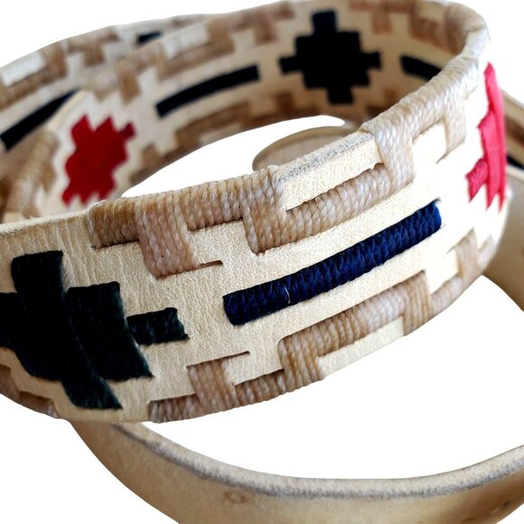 Vintage Handmade Rustic Cowhide Belt Mens Medium Wax Thread Embroidery - Picture 4 of 9